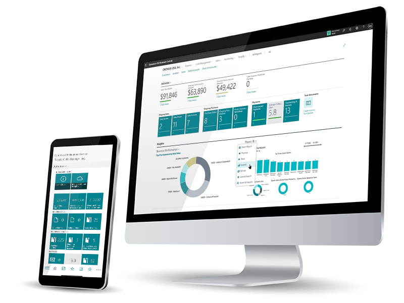 Business Central dashboard in silver monitor and mobile