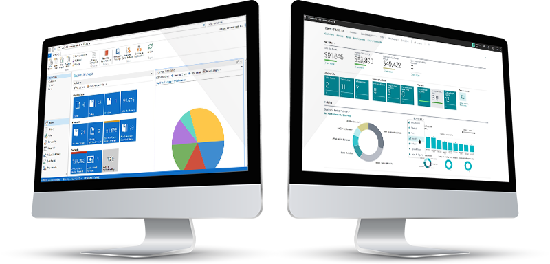 Business Central and Dynamics NAV dashboard in silver monitors Business Central and Dynamics NAV dashboard in silver monitors