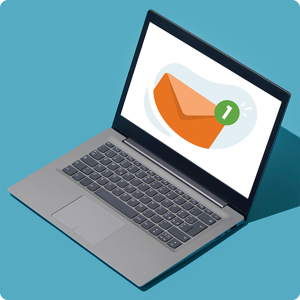 Animation of a laptop with a orange email envelope on screen